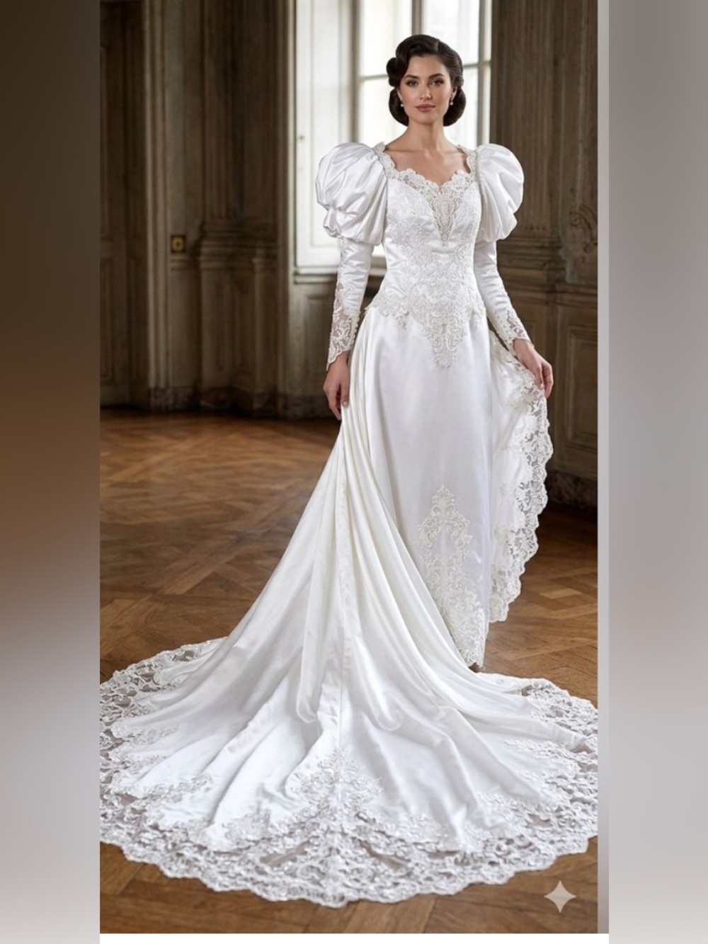 Elegant White Lace Satin Bridal Gown with Puff Sleeves
